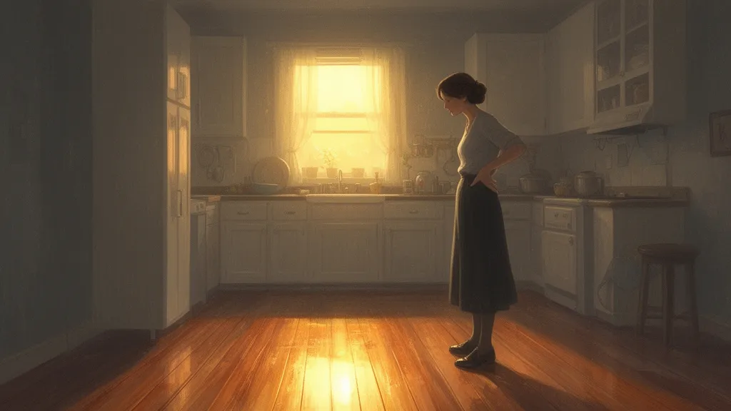 A woman stands in a sunlit kitchen beside a freshly polished wooden floor.
