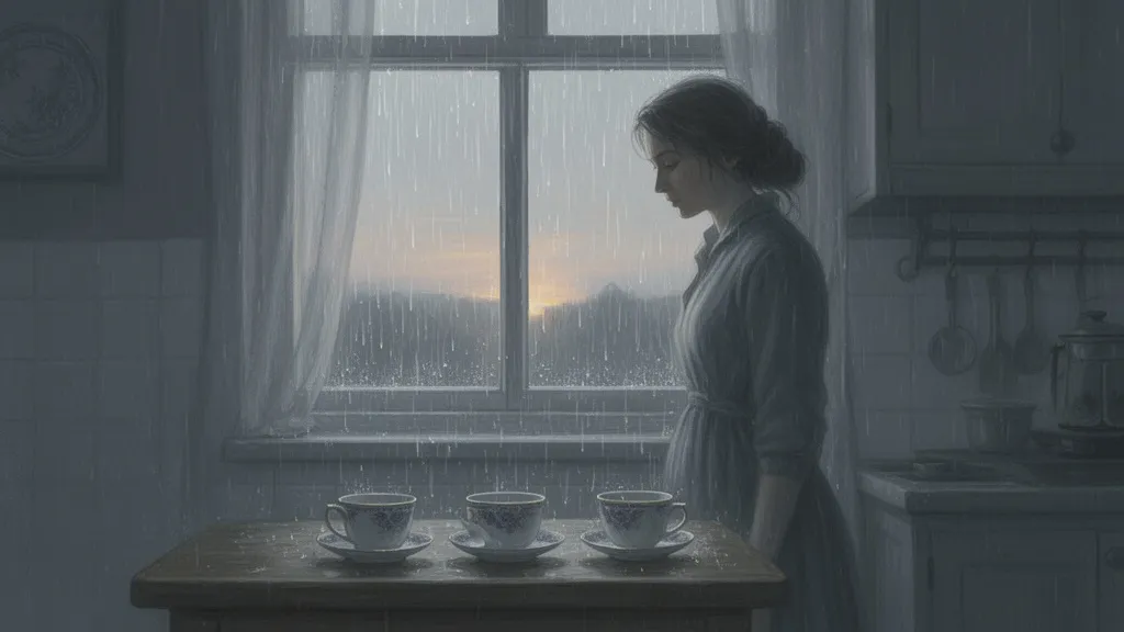 A woman stands in a rainy kitchen beside a window and a table with teacups.