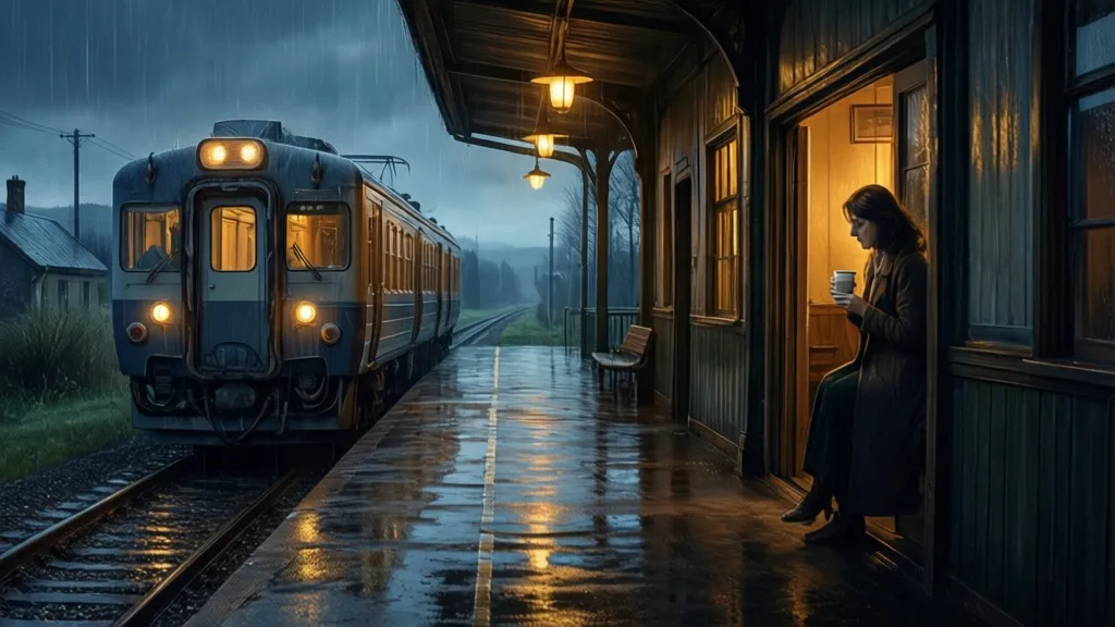 A woman stands in a station doorway as a train arrives on the wrong platform in the rain.