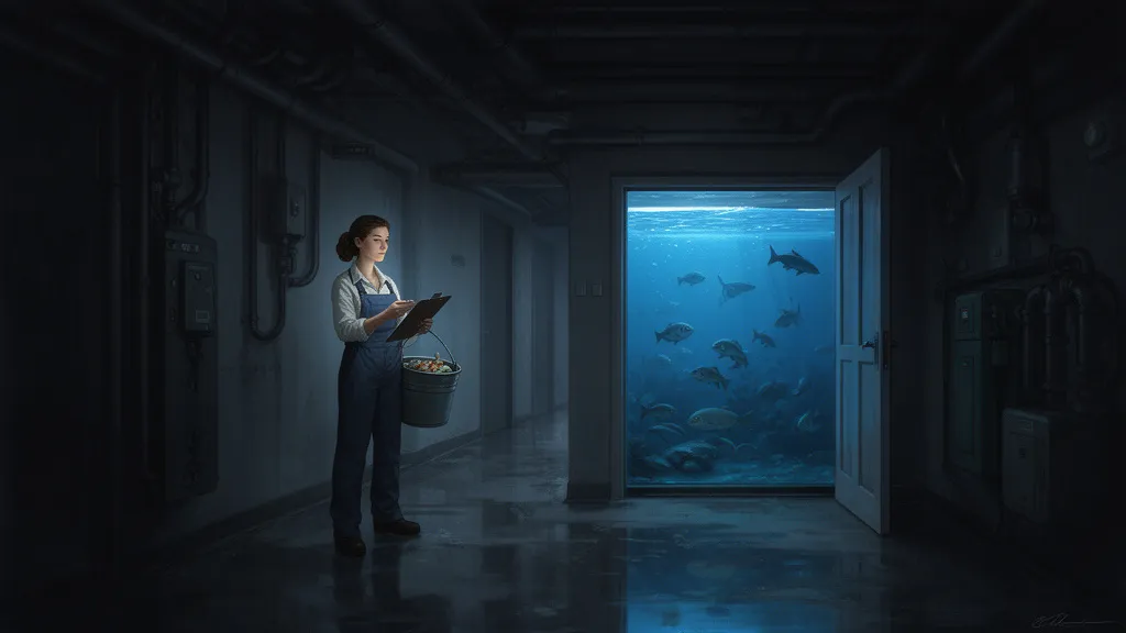 Eine Frau steht in einem dunklen Aquariumgang und hält ein Klemmbrett sowie einen Eimer.