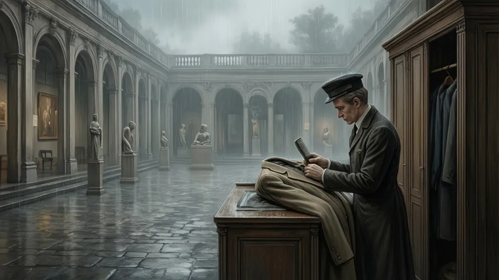 A museum clerk holds a comb in a rainy courtyard.