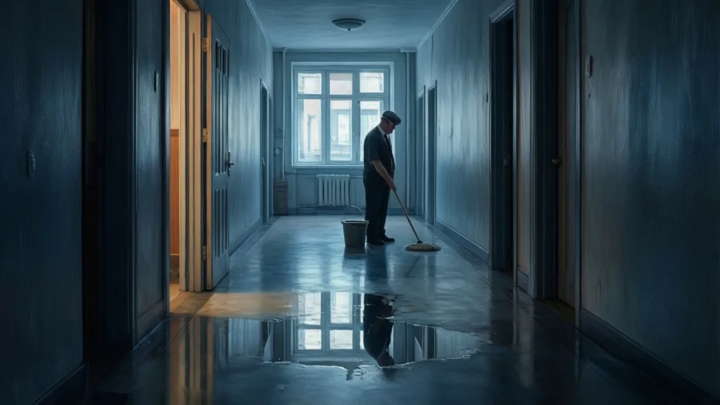 Ein Hausmeister steht in einem dunklen Apartmentflur neben einer halb geöffneten Tür und einem Wischeimer.