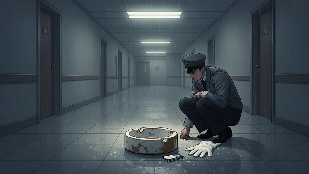 A bellhop crouches in a hotel corridor beside an ashtray, a keycard, and wet white gloves.