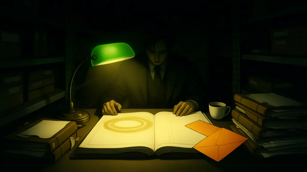 A clerk examines a stained ledger beside a small orange envelope in a dim records room.