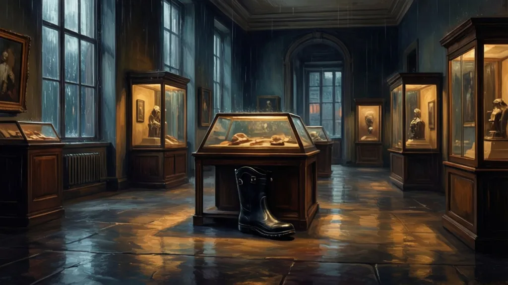 A museum gallery at dusk with a black boot on the floor beside a glass display case.