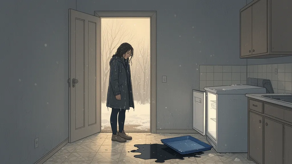 A woman stands in a quiet apartment doorway beside a small puddle on the kitchen floor.