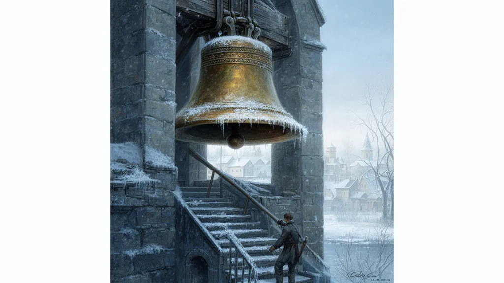 Eine frostbedeckte Kapellenglocke in einem Turm über einer ruhigen Flussstadt.