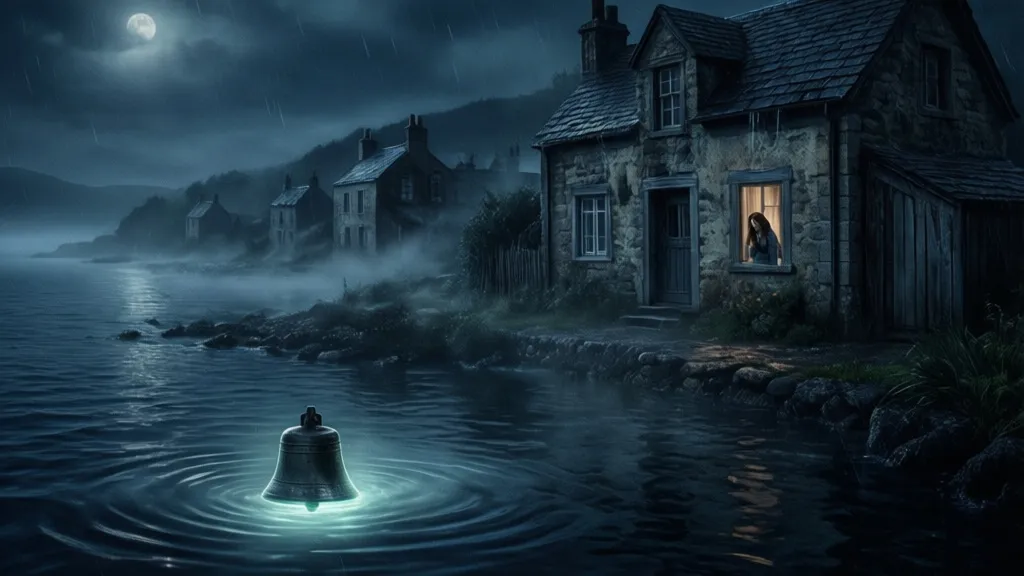A woman stands in a dark seaside house while a glowing bell is visible beneath the water.