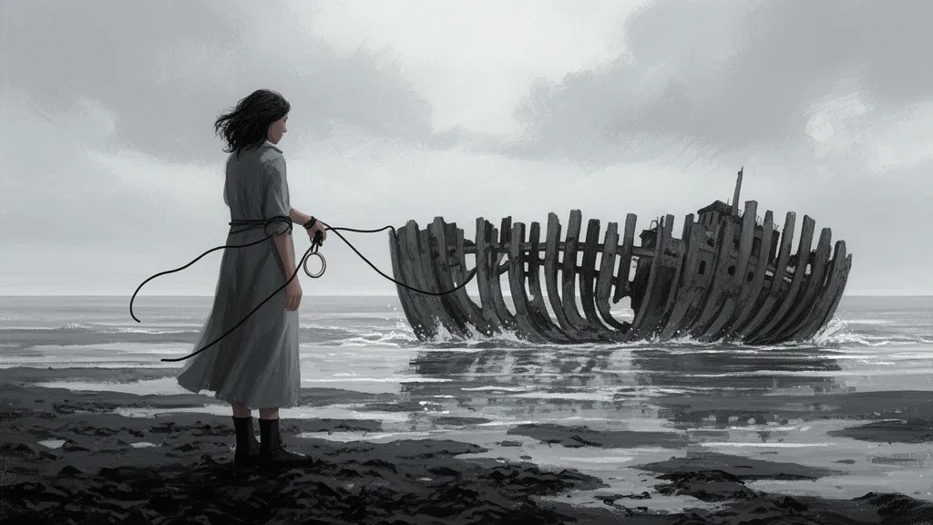 Eine Frau steht auf den Schlickflächen neben einem halb versunkenen Schiffswrack, mit einem Ring, der an einem schwarzen Faden um ihr Handgelenk hängt.