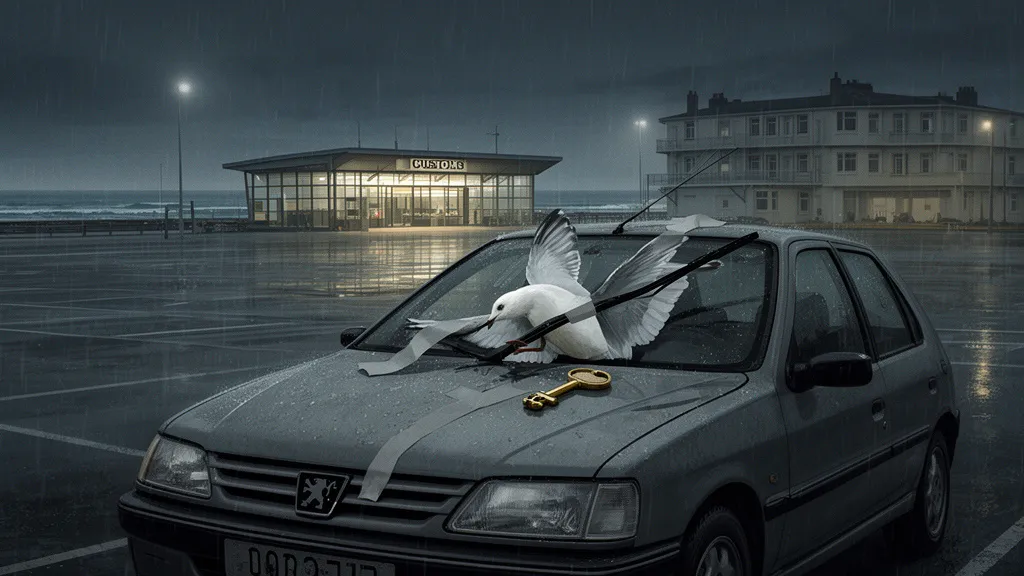Eine Möwe, an der Windschutzscheibe eines Autos befestigt, neben einem kleinen Schlüssel im Regen.