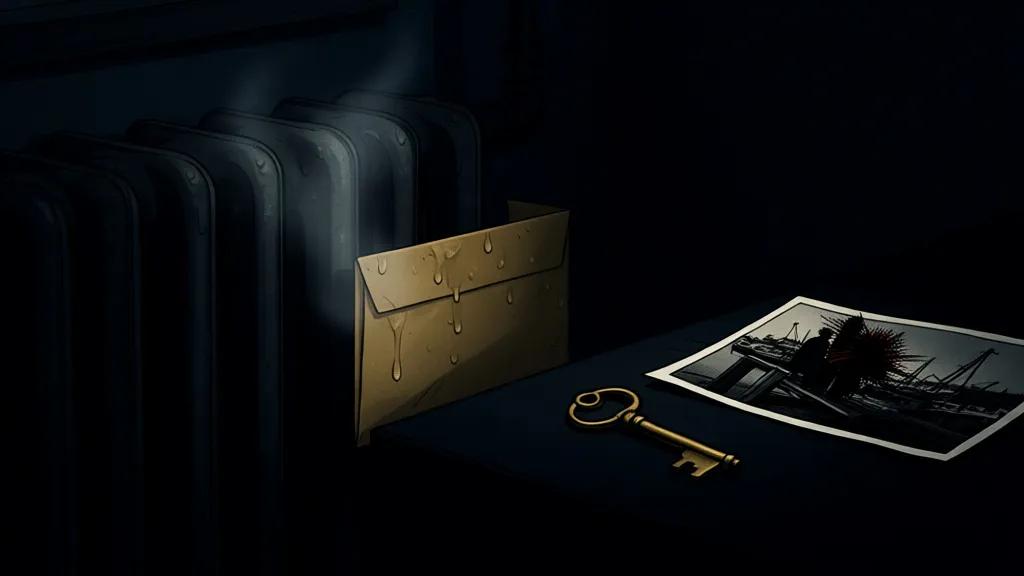 A brass key, a manila envelope, and a scratched-out dockside photo beside a radiator.