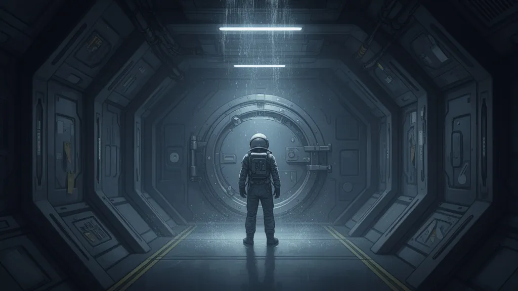 A lone astronaut stands in a dim spacecraft corridor near a sealed airlock.