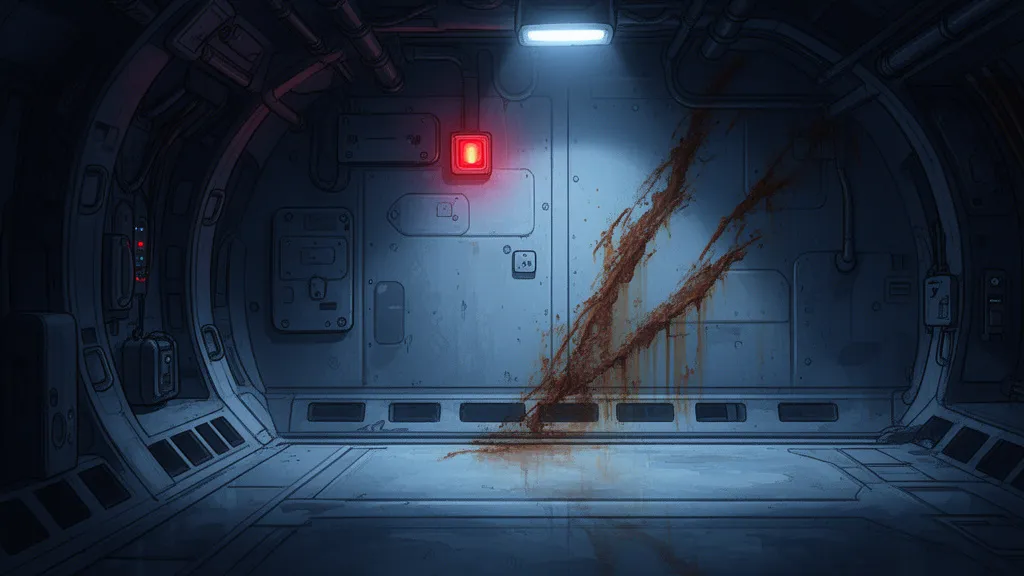 A lone astronaut inside a dim lunar station with a red warning light and a rust stain on the wall.