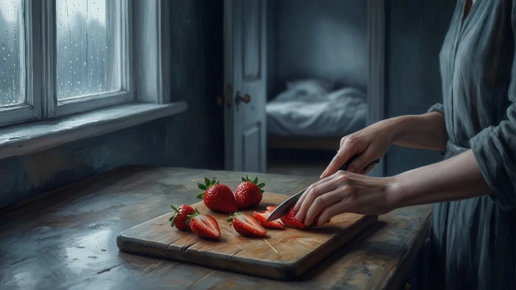 Eine Frau schneidet in einer düsteren Küche bei Tagesanbruch Erdbeeren.