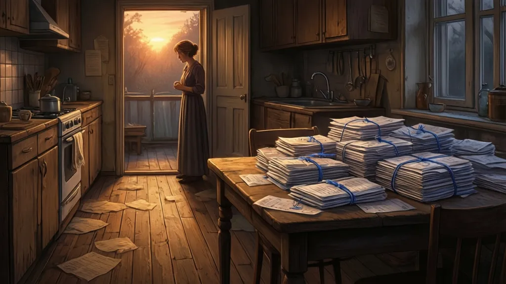 A woman stands in a dim apartment kitchen beside a table covered with tied stacks of receipts.