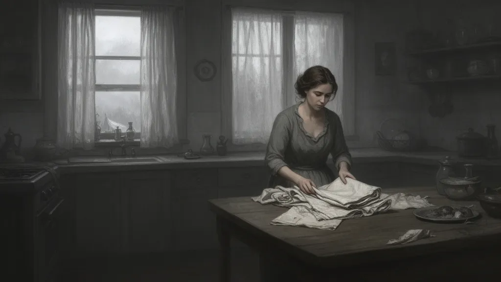 A woman folds linen napkins in a dim kitchen lit by grey daylight.