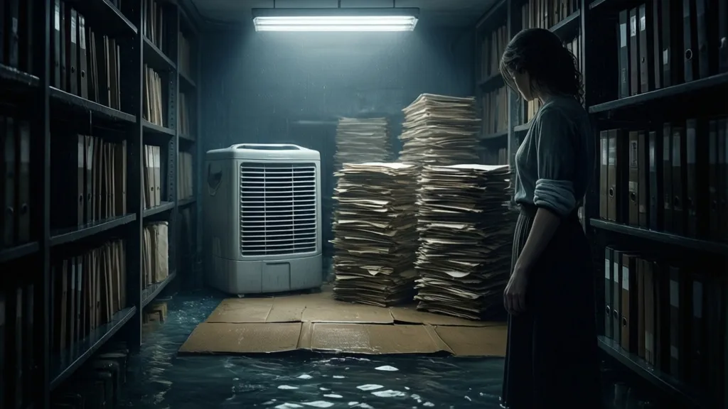 A woman stands in a flooded archive basement beside stacks of damp files.