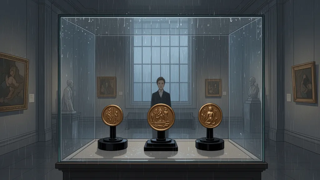 Ein Kurator steht neben einer Glasvitrine mit drei Bronzesiegeln in einer Museumsgalerie.