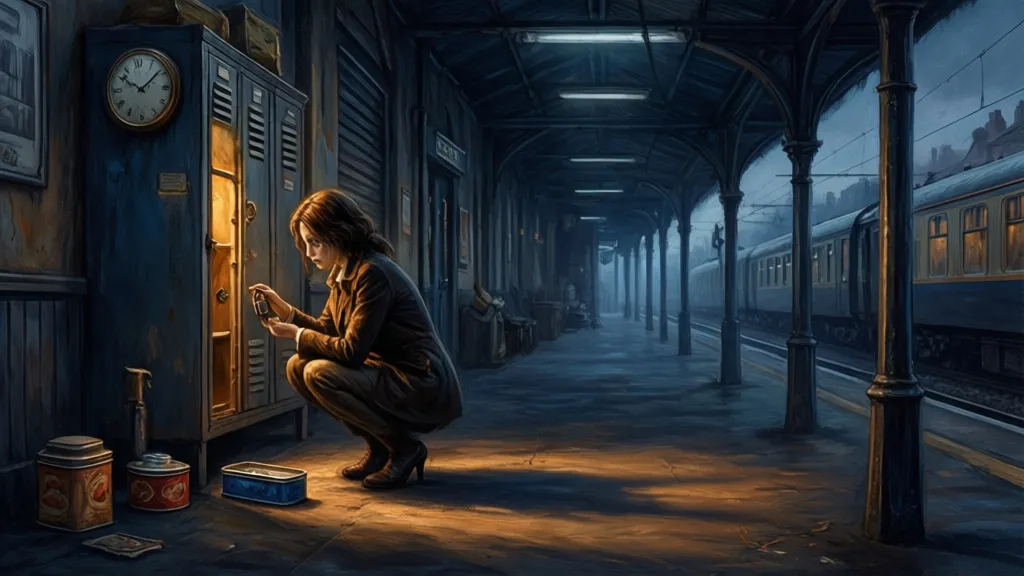 A woman stands in a dim station corridor beside an open locker glowing with warm light.