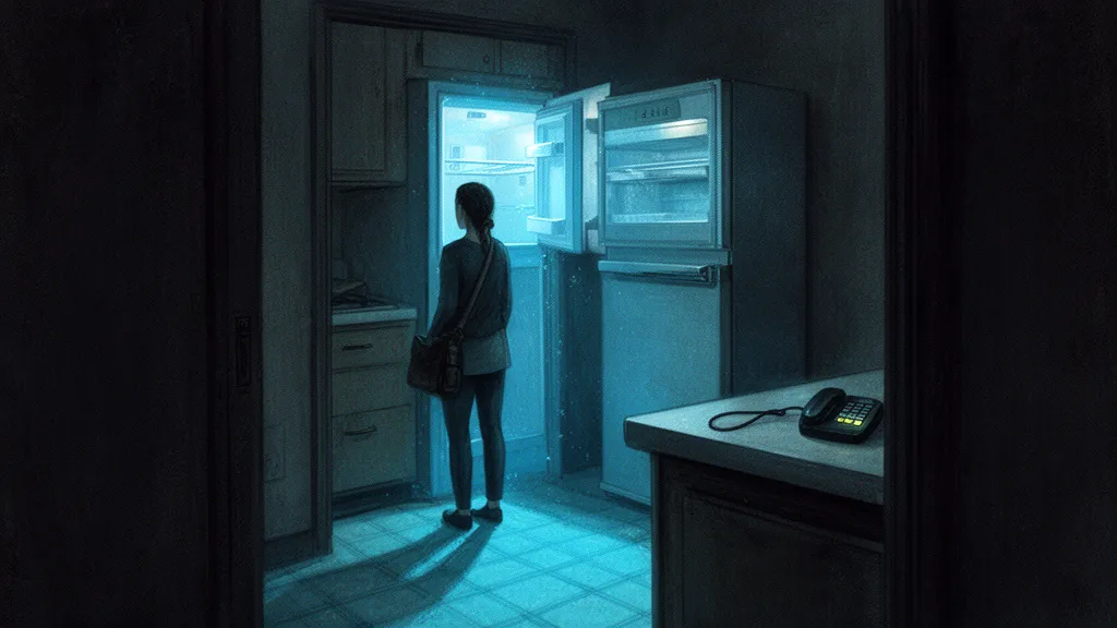 Eine Frau steht in einer Tür und blickt zu einem offenen Gefrierschrank, der blaues Licht in eine düstere Wohnung wirft.