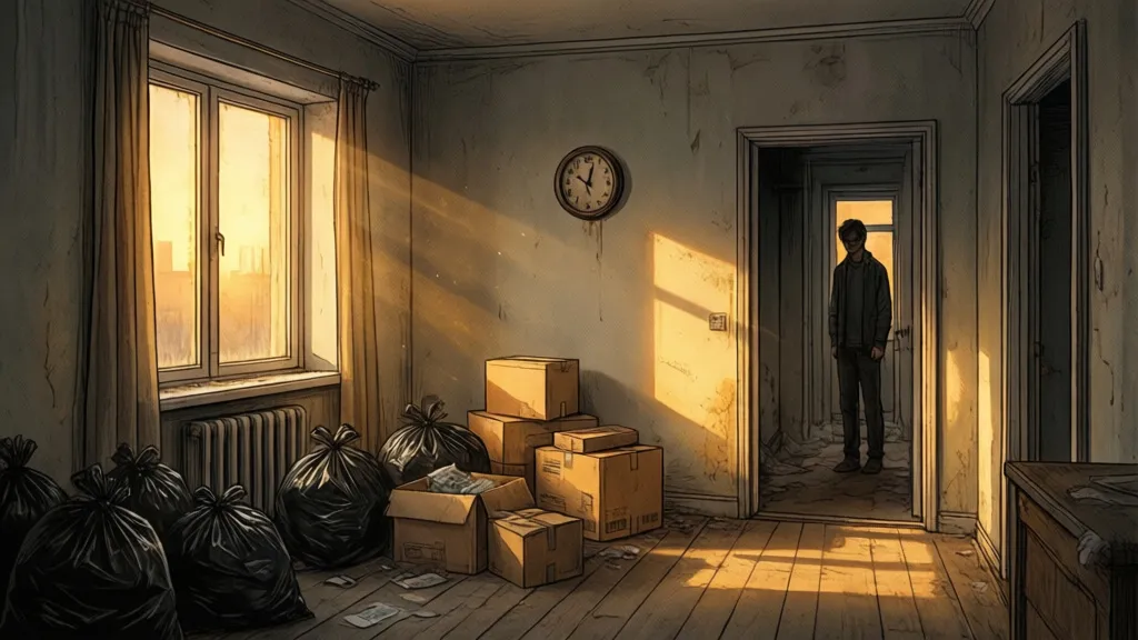 A nearly empty apartment with boxes, garbage bags, and late afternoon light.