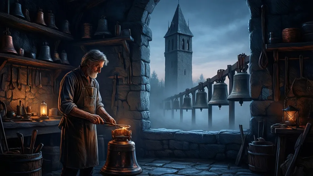 A bell-maker stands in a dim workshop beside a tower of bells at dusk.