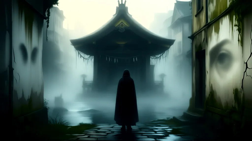 A cloaked figure stands before a foggy riverside shrine with watchful eyes in the plaster walls.