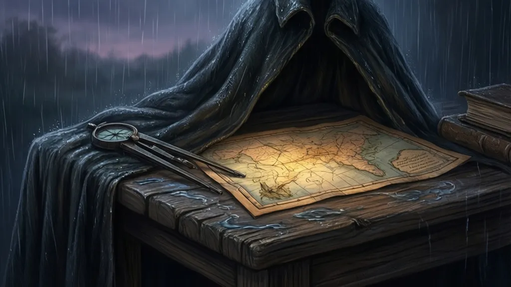 A dark cloak lies beside surveying tools and an unfolded antique map.