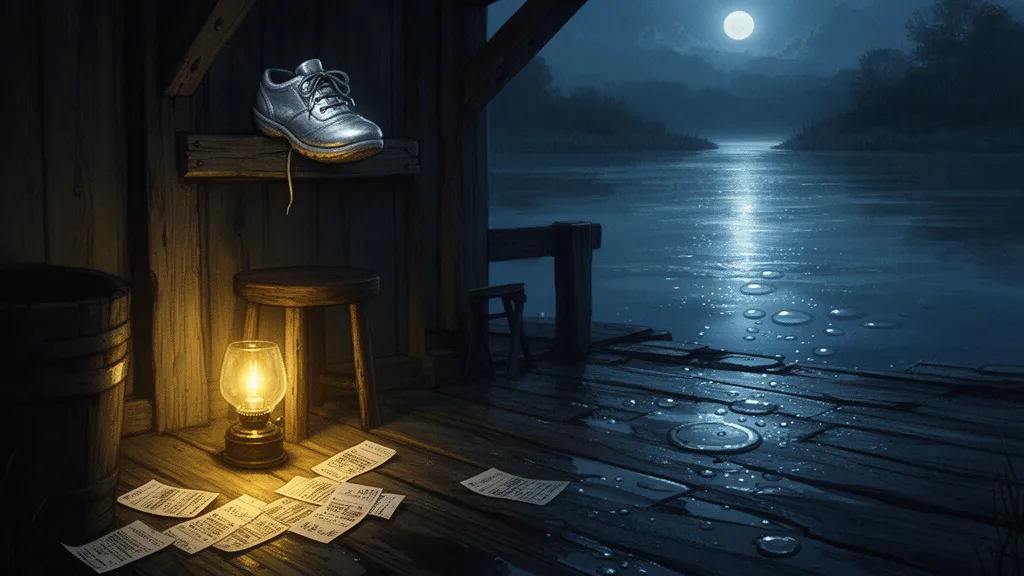 A silver child-sized shoe nailed to a wooden beam in a dim room with wet floorboards.