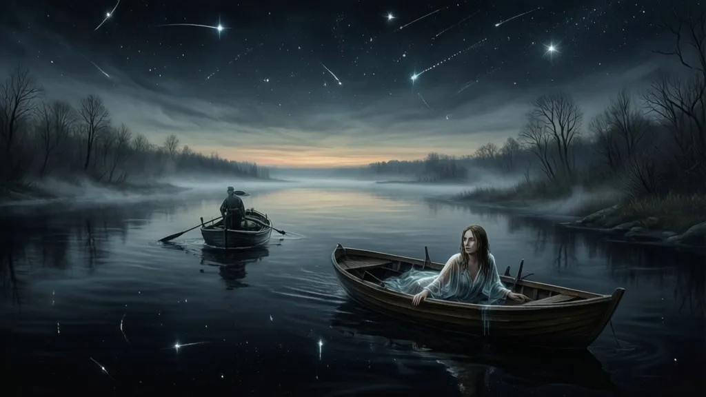 A ferryman watches a woman drifting on a dark, still river at dawn.