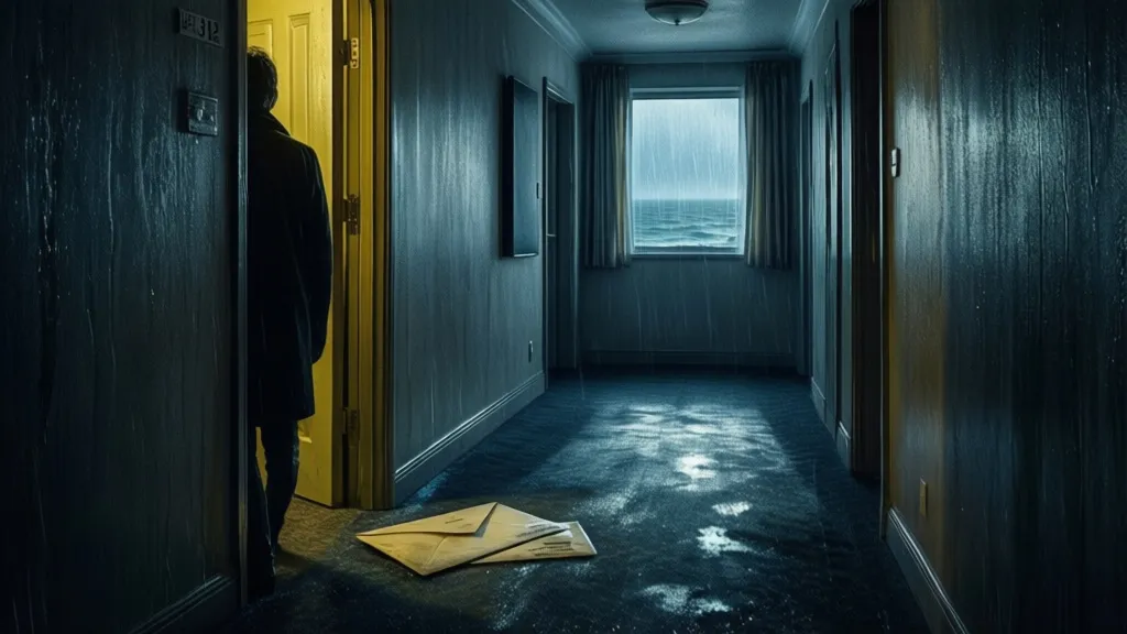 A dark hotel hallway with an open room door and a damp envelope on the floor.