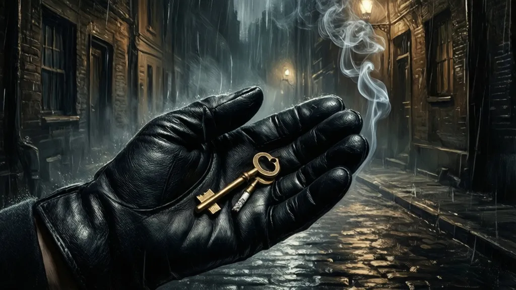 A rain-soaked black glove holding a small brass key in a dark alley