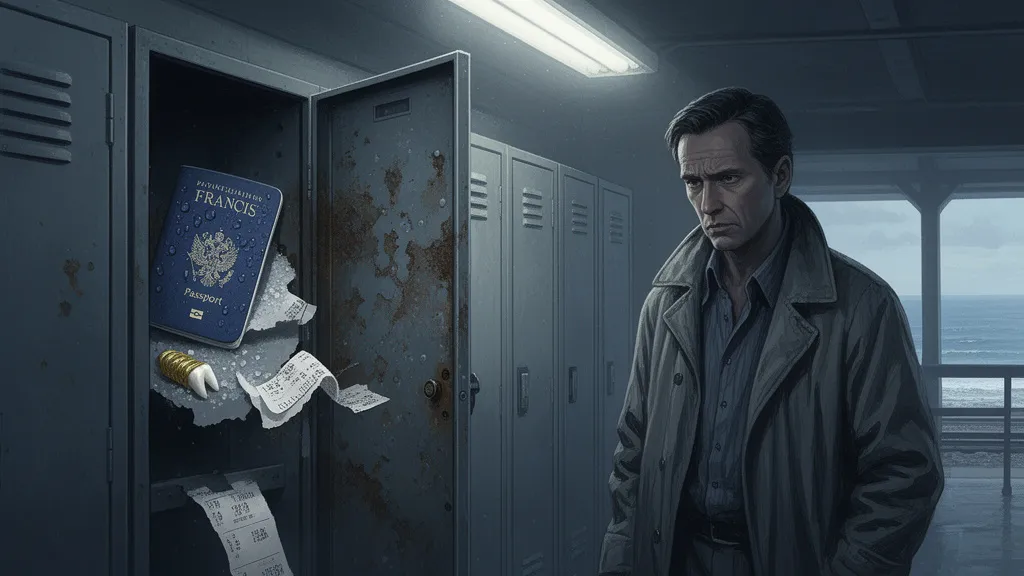 A man stands by an open locker containing a passport, a gold tooth, and a torn receipt.