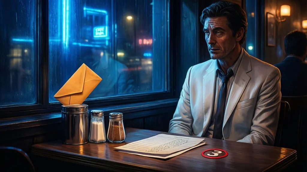 A man in a white suit sits in a dim café beside a warm envelope and a hotel ledger page.