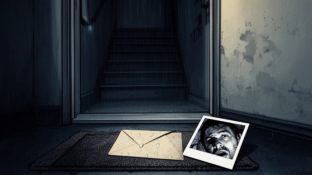 A wet envelope and a Polaroid lying on a doormat outside a dim apartment door.