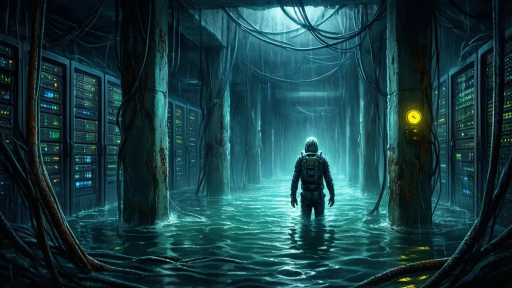 A person in a hydro-suit wades through a flooded data center with dim lights in the background.