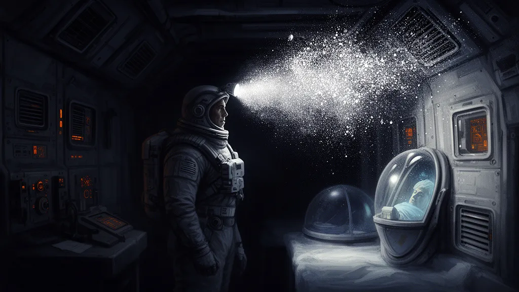 Ein einsamer Astronaut untersucht die Bordstation eines Raumschiffs, die mit weißem kristallinem Staub bedeckt ist.