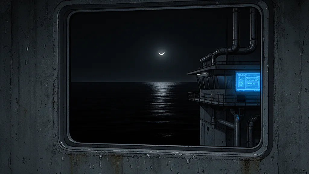 A lone control room overlooks a still dark sea under a thin moon.