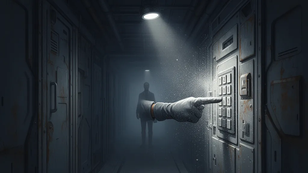 A lone auditor examines a dust-covered keypad in a dim futuristic vault corridor.