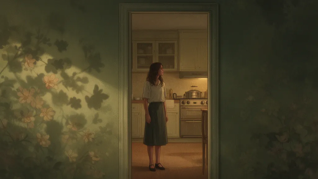 A woman stands in the doorway of a dim apartment with a quiet kitchen behind her.