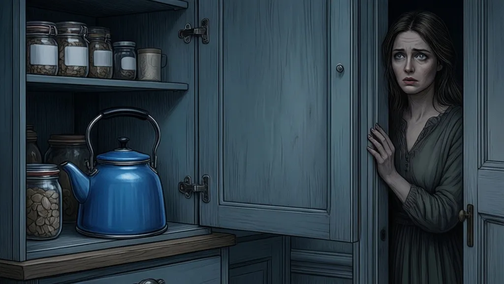A woman stands in a dim kitchen where the kettle has been moved into a cupboard.