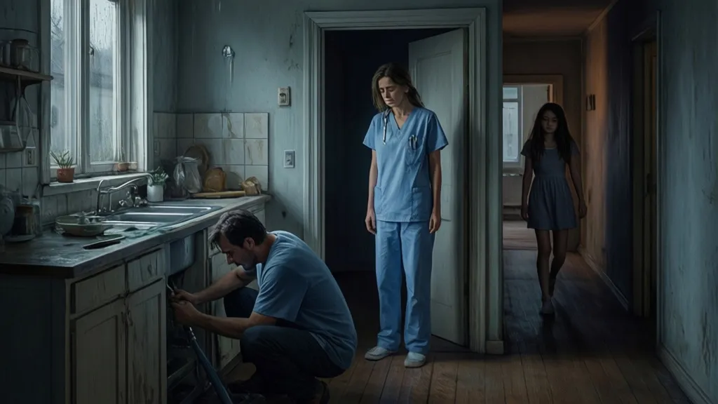 A woman in hospital scrubs stands in a dim kitchen while her ex-husband fixes a leak under the sink and their daughter watches from the hallway.