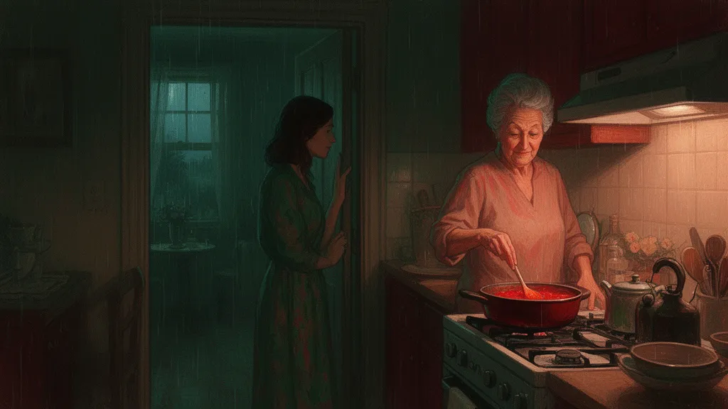 A woman stands in a doorway watching her ex’s mother stir sauce in a kitchen.