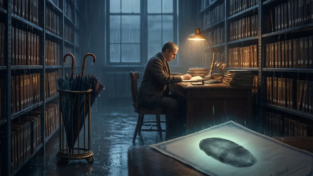 A woman sits at a desk in a rainy archive, with old records and a paper marked by a thumbprint.