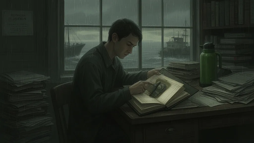 Ein Angestellter schlägt in einem regenverhangenen Hafenarchiv ein altes Buch auf.