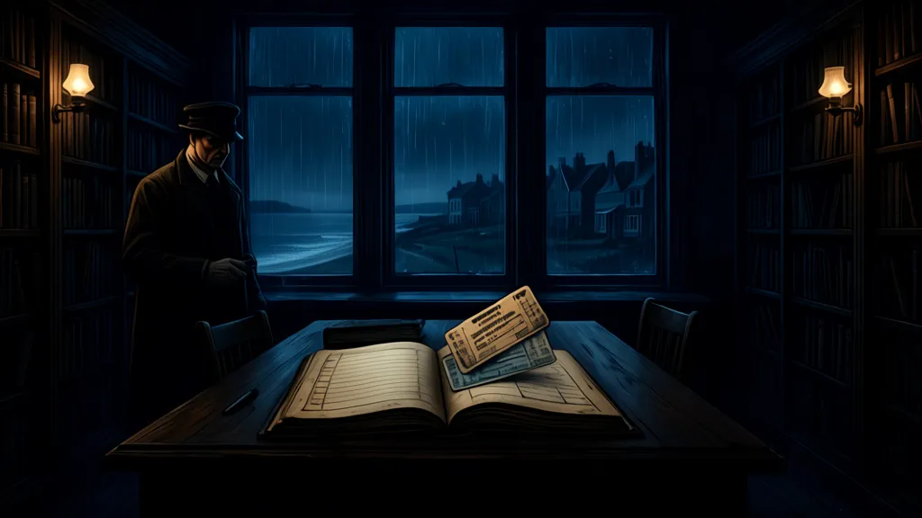 A woman stands in an archive reading room with an old ledger and a train ticket on the table.