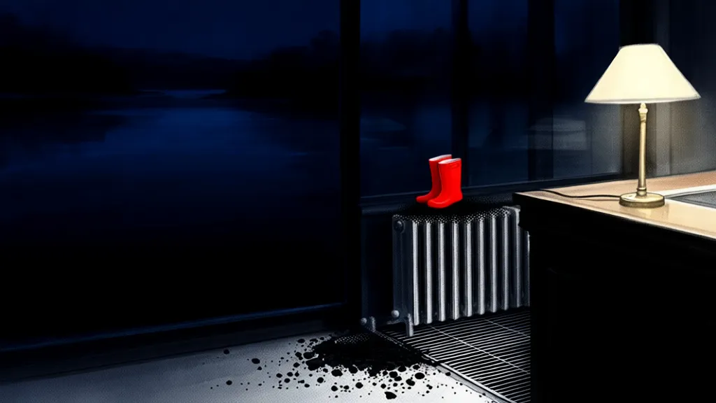 A red child’s rain boot sits on a radiator in a dark hotel lobby.