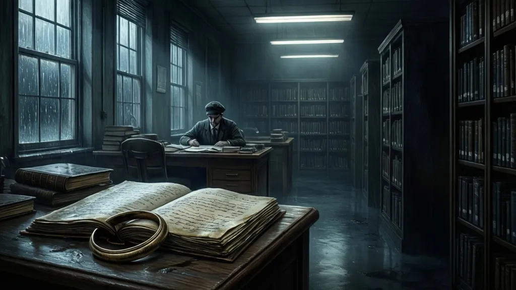 An archivist in a dim archive looks at a ledger with a ring beneath it.