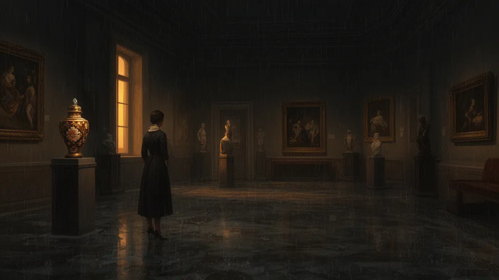A woman stands in a dim museum gallery beside a small jar on a pedestal.