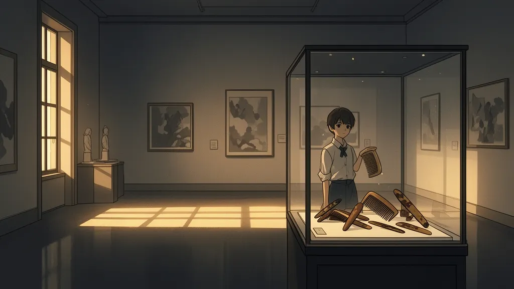 Ein Museumskurator steht neben einer Vitrine mit antiken Kämmen in einer schwach beleuchteten Galerie.